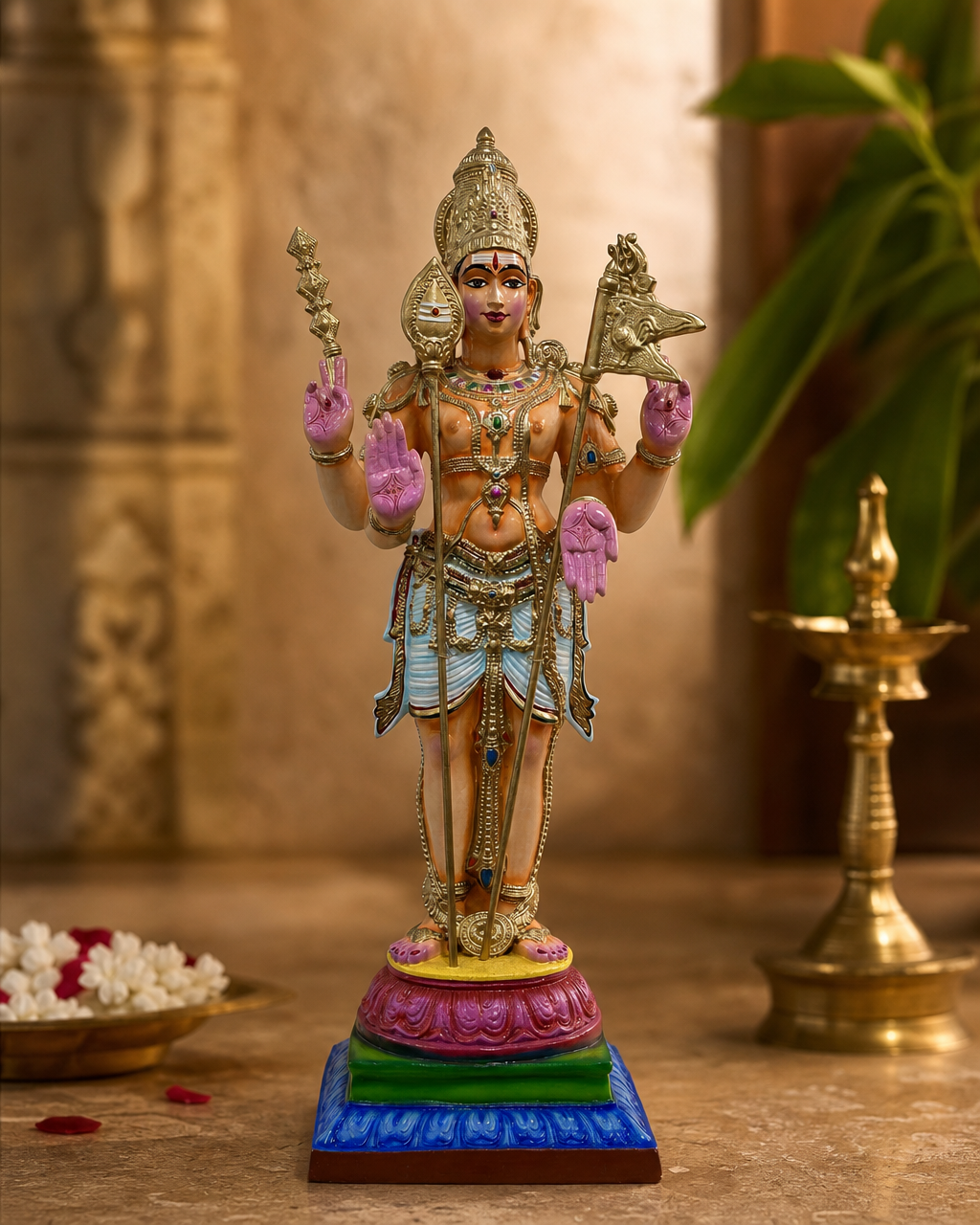 Intricate Karthikeyan statue with detailed ornaments and vibrant colors, showcasing traditional craftsmanship.