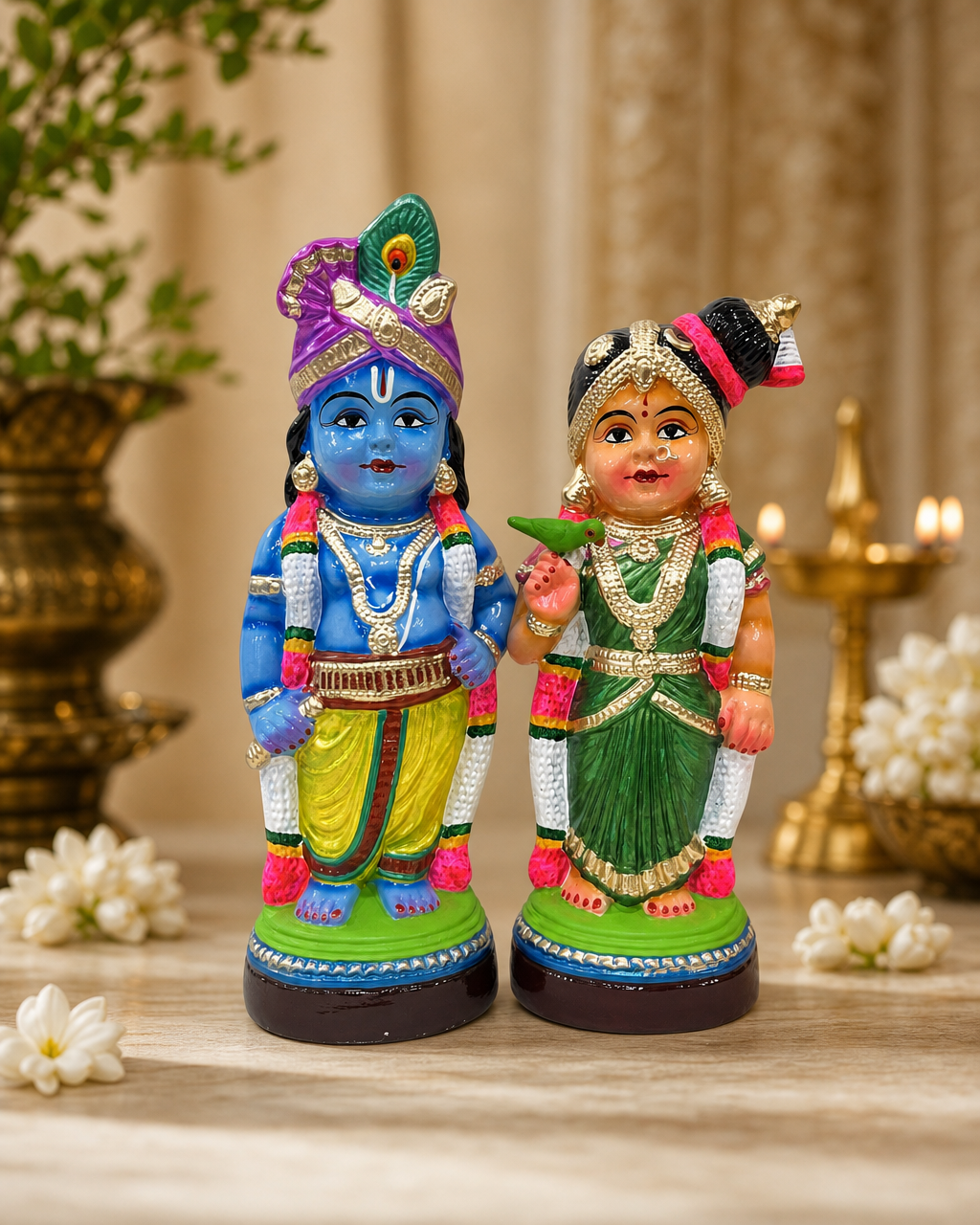Colorful Alankara Andal Krishna figurine set, vibrant traditional attire, elegant decor