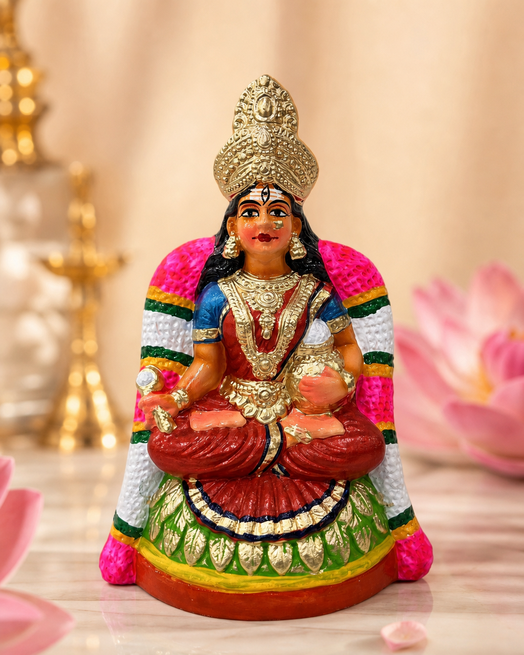 Colorful Anna Poorani idol with intricate details and vibrant decorations.