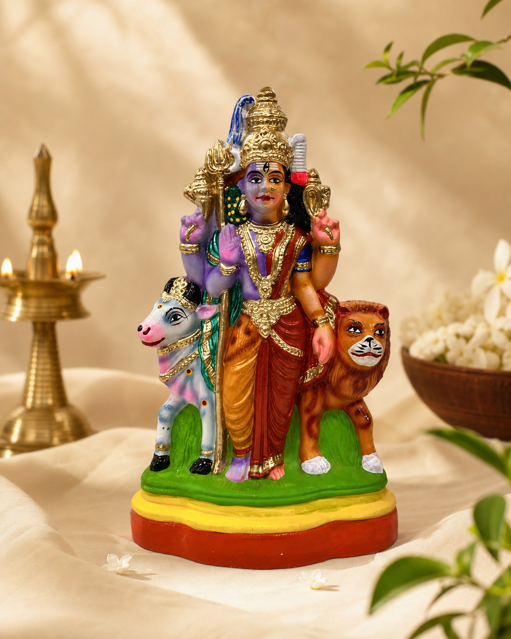 Colorful Artha Nateeshwarar statue with intricate details, featuring a lion and a bull, on a decorative base with soft, ambient lighting.