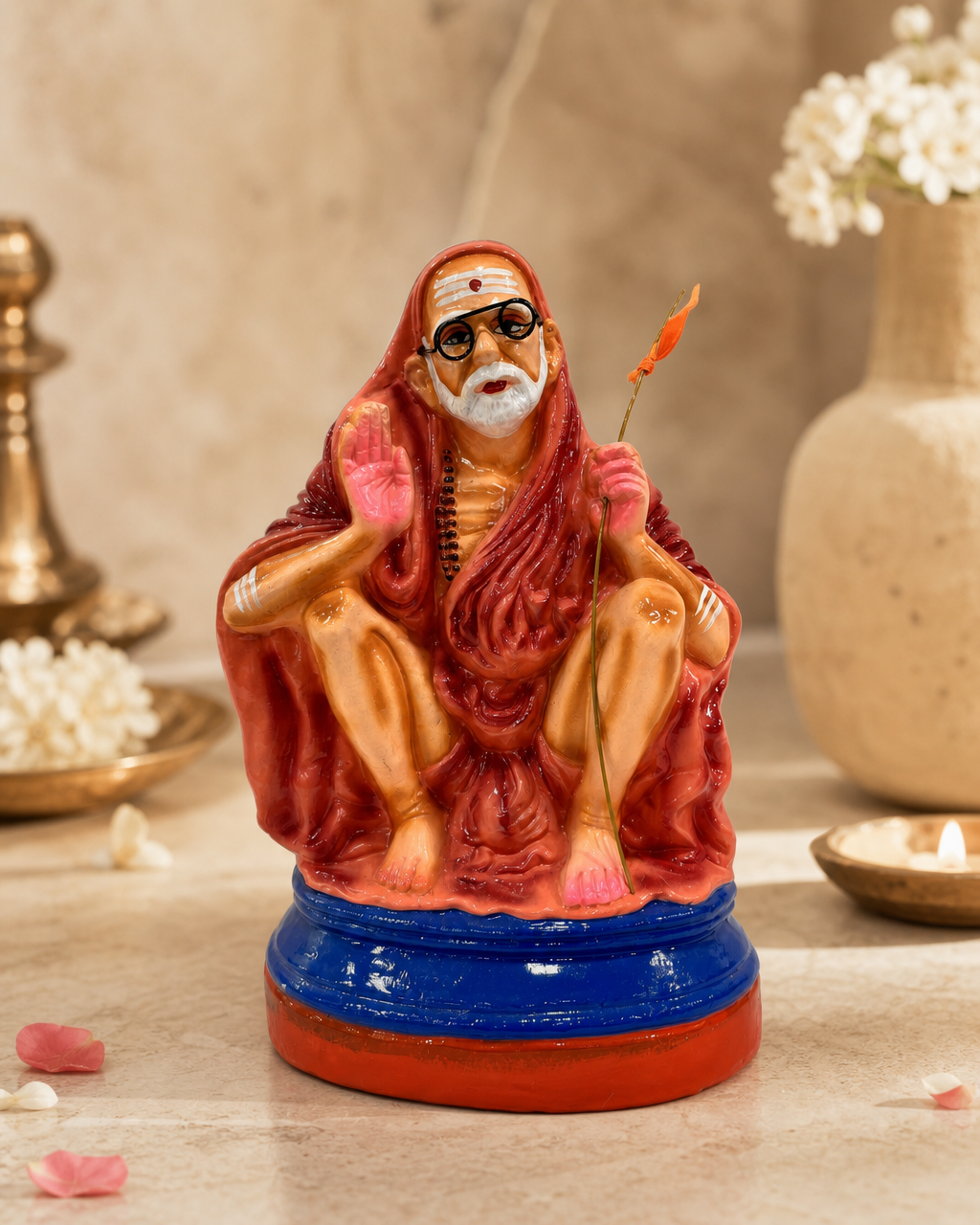 Colorful Kanji Periyavar statue with a red robe and stick, surrounded by festive decor.