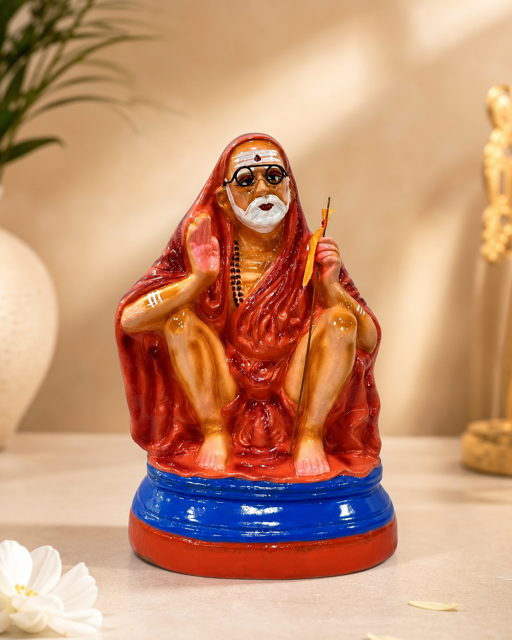 Kanji Periyavar colorful paper mache statue on display