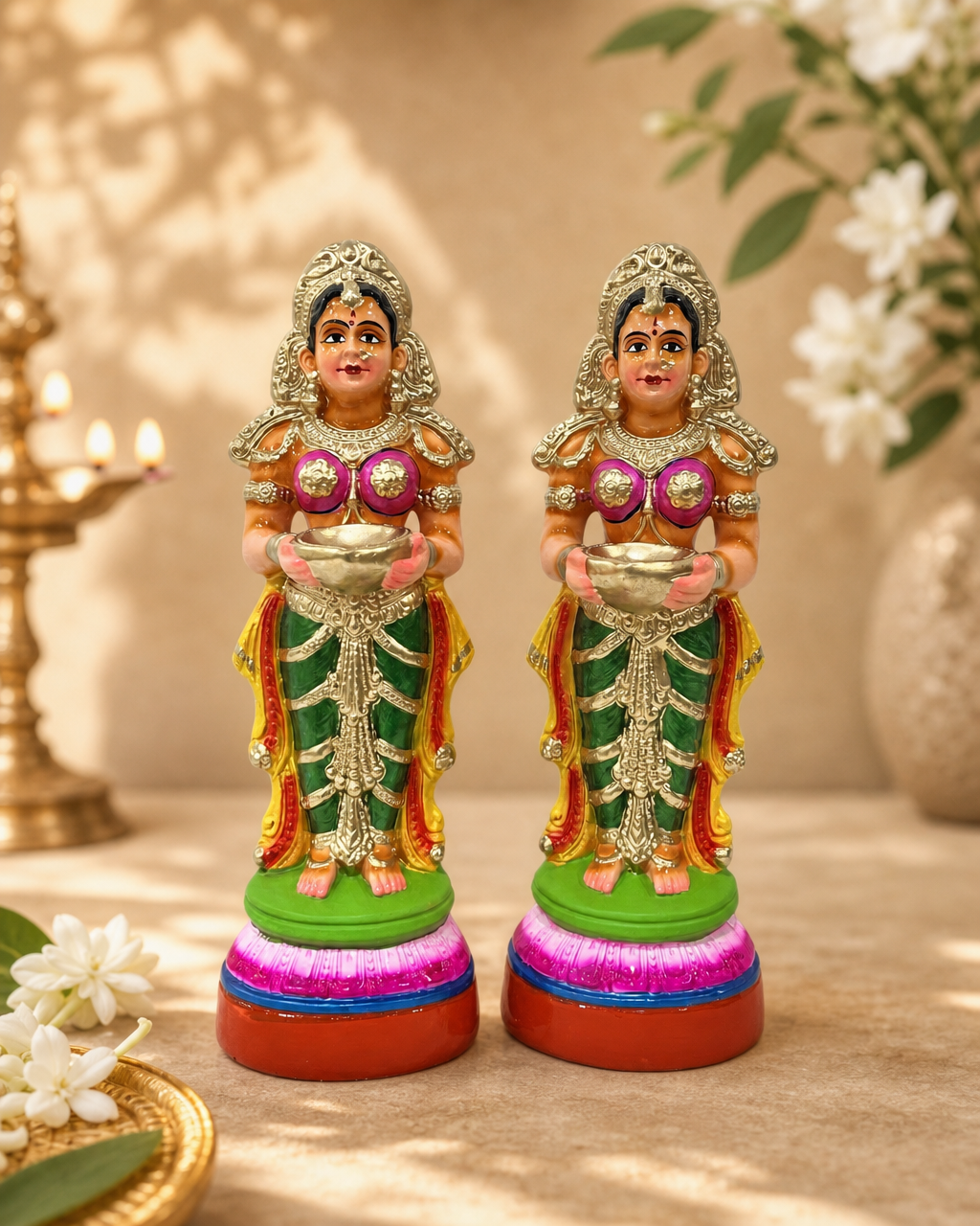 Colorful Paavai Vilakku figurine set, elegantly designed and beautifully crafted.