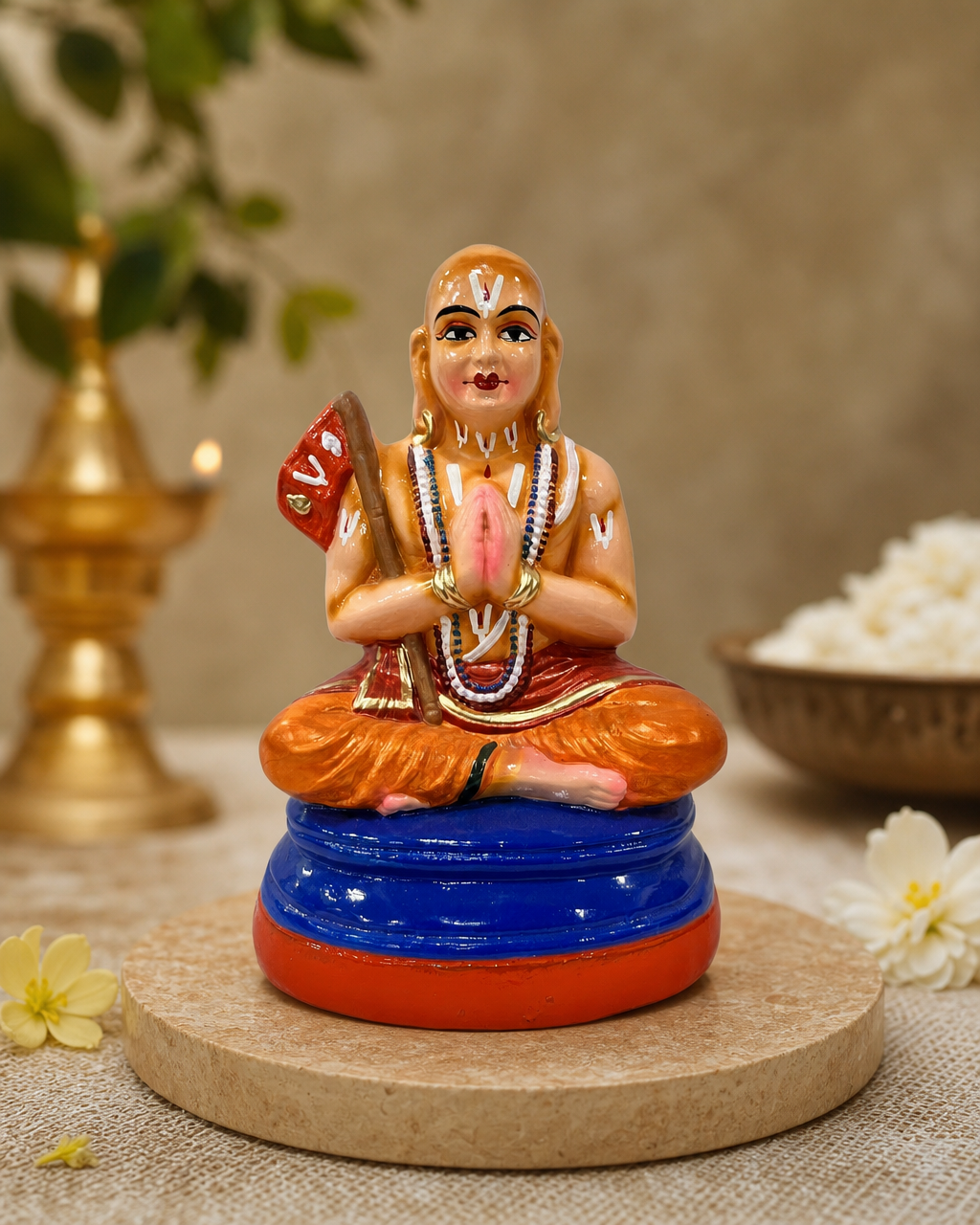 Handcrafted Ramanujar Paper Mache statue with intricate details, placed on a decorative surface with flowers and a lamp.