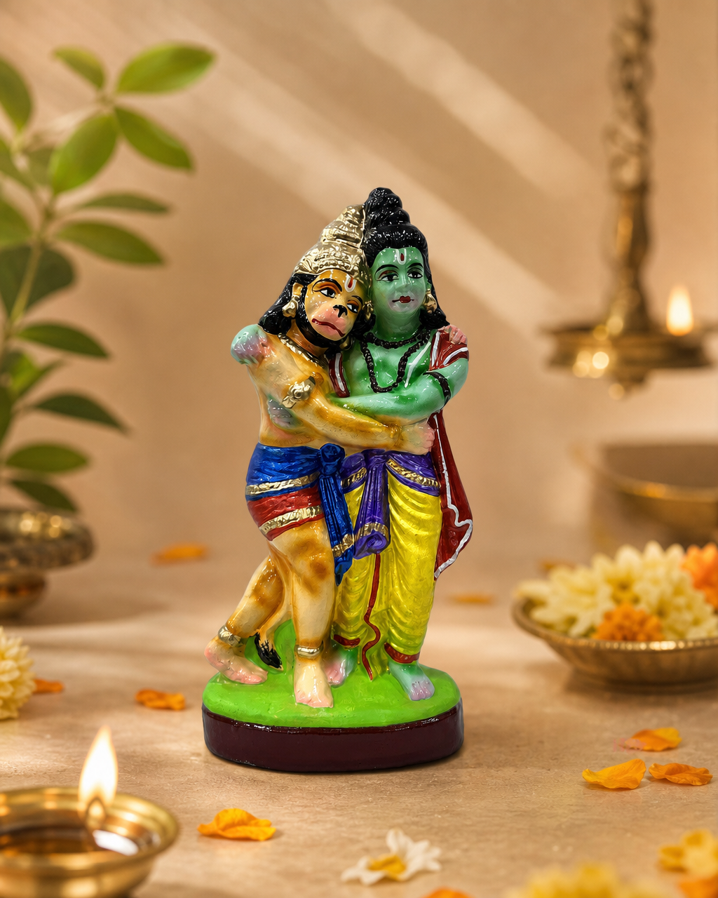 Colorful figurine of Rama and Hanuman embracing, set against a serene background with flowers and a diya.