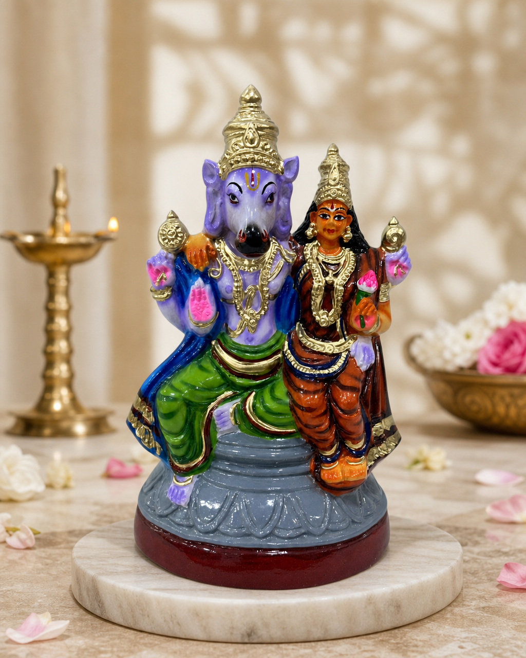 Colorful Lakshmi Hayagriva statue, detailed craftsmanship with intricate designs and vibrant colors.