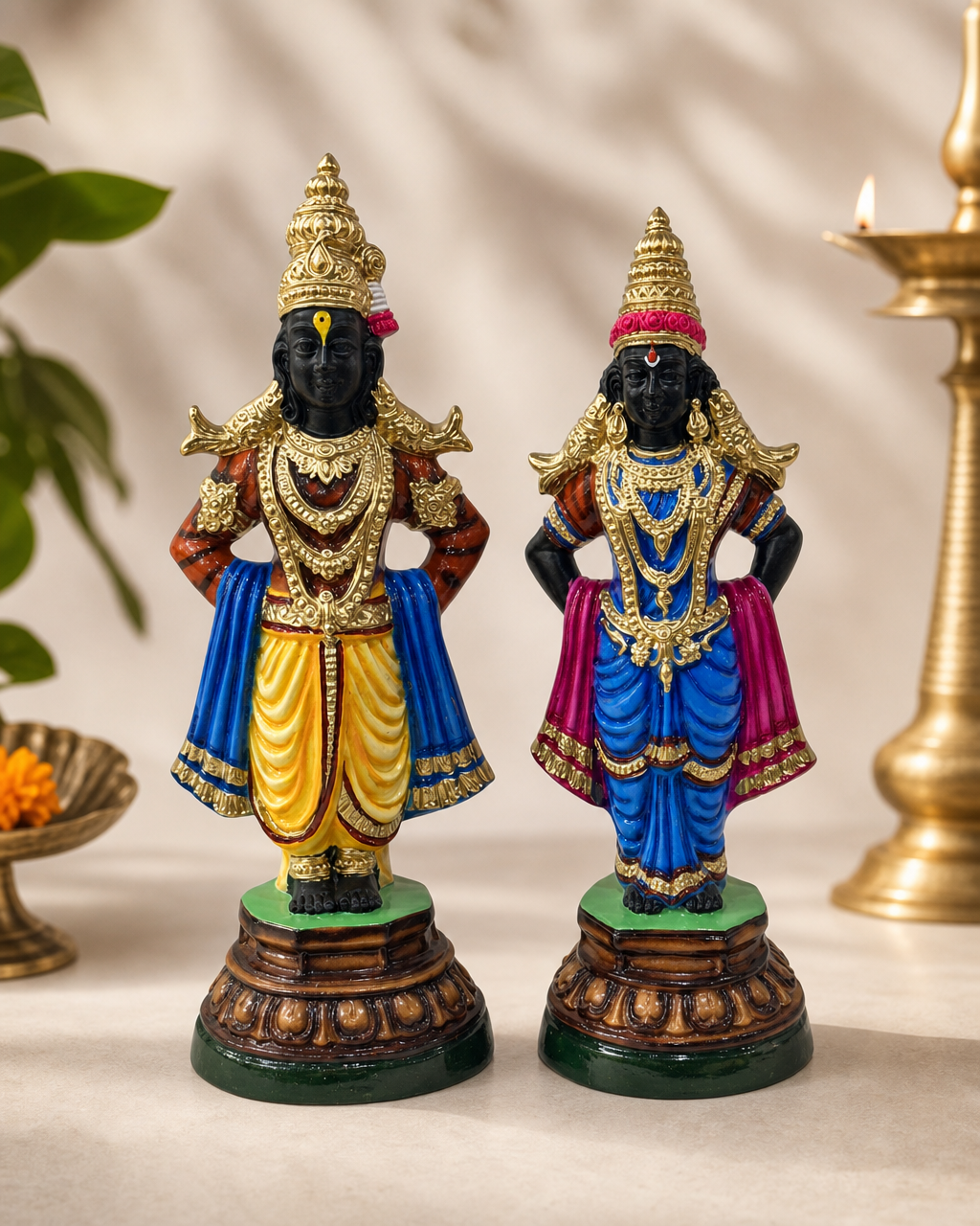 Colorful Panduranga and Rukmini statues with detailed adornments and vibrant attire, set on artistic bases with intricate designs.