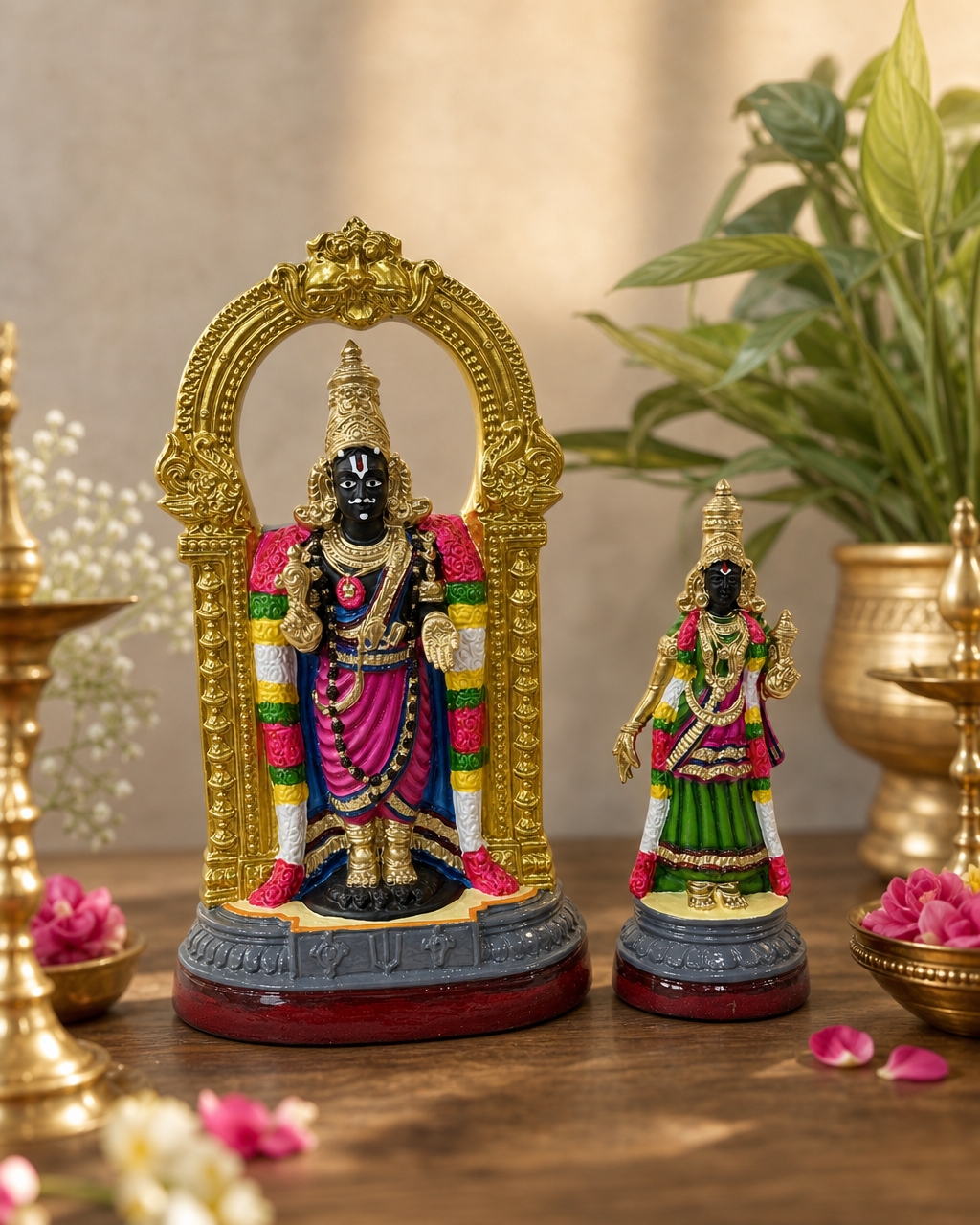 Colorful Parthasarathy statue with intricate designs and gold accents