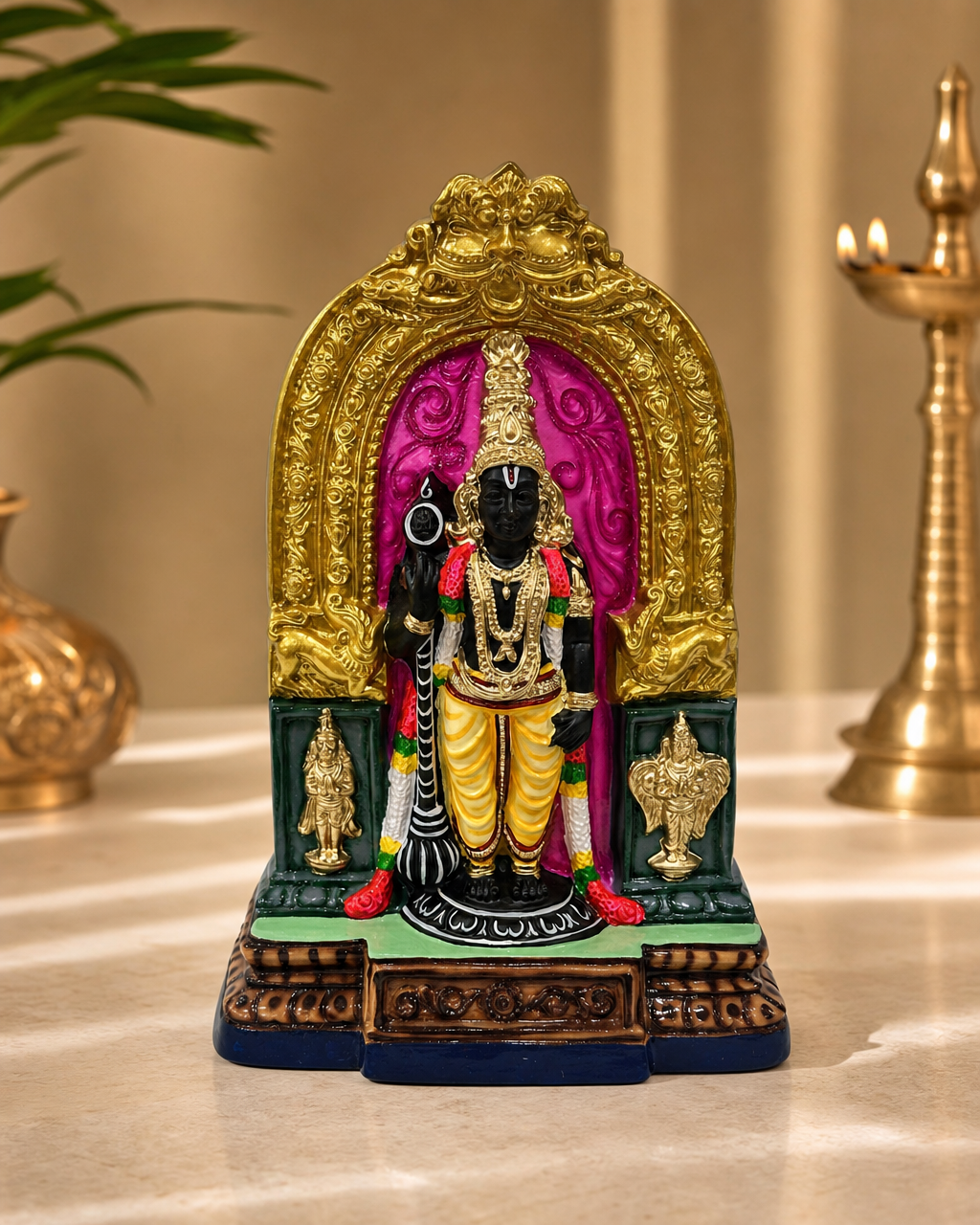 Udupi Krishnan Idol with ornate detailing and vibrant colors on a decorative base