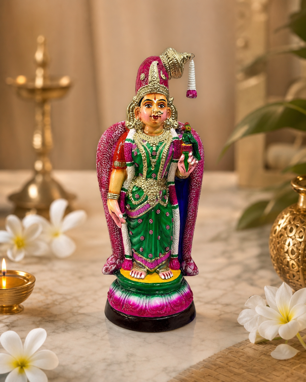 Colorful Andal figurine placed on a marble surface with decorative items and flowers.