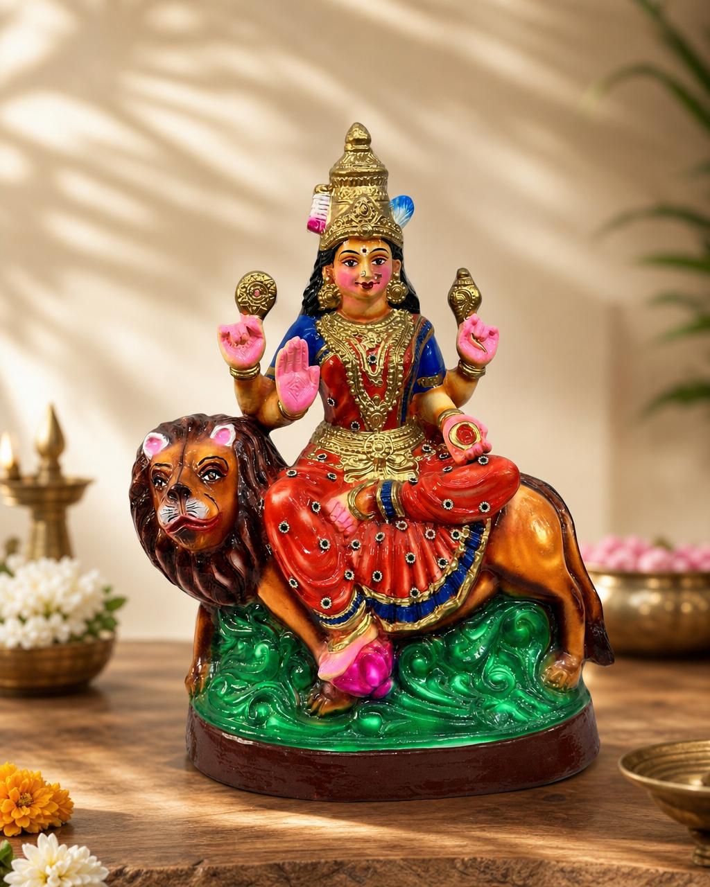 Medium Durga statue seated on a lion, vibrant colors, home decor.
