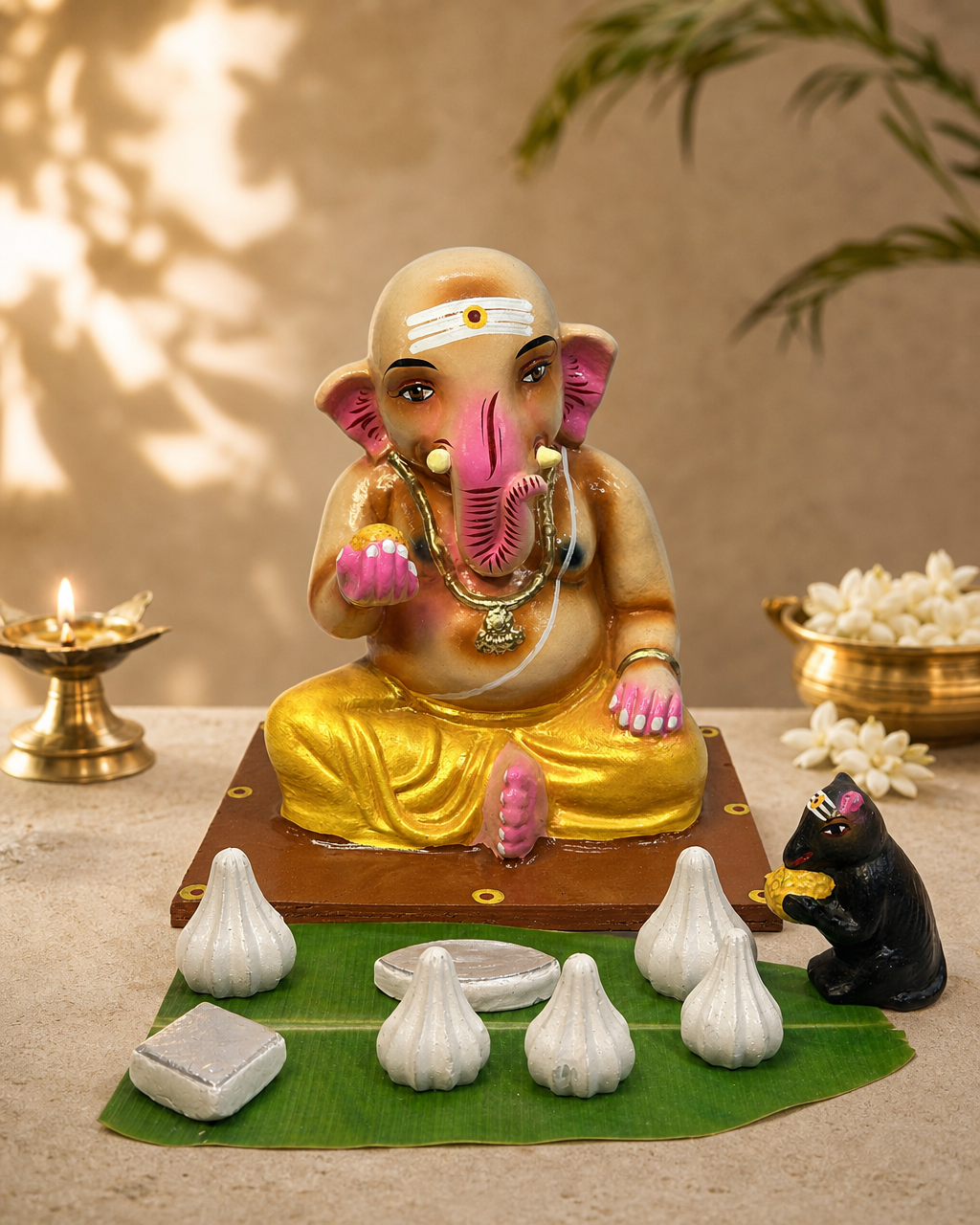 Decorative Ganapathy statue with traditional attire and offerings