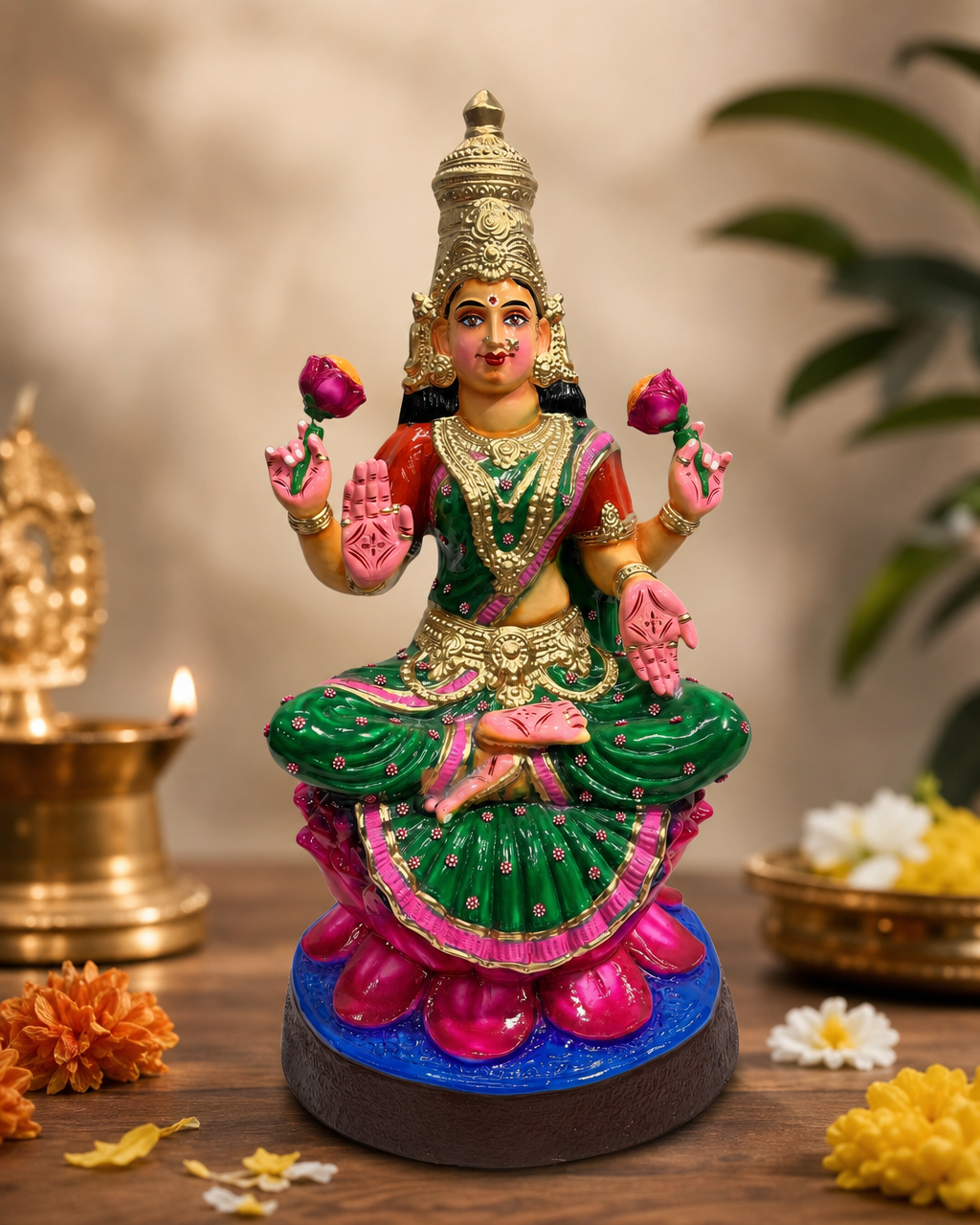 Colorful Lakshmi figurine intricately designed with flowers, seated peacefully.