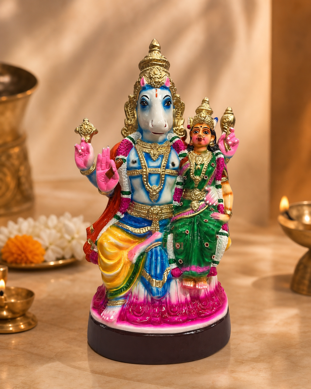 Colorful statue of Lakshmi Hayagrivar in ornate attire, seated and holding symbolic items, with intricate details.