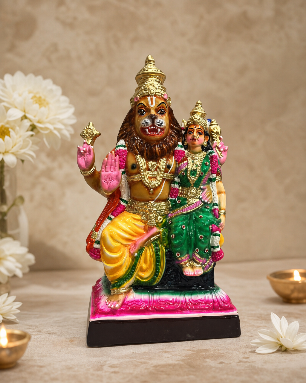 Detailed medium-sized Lakshmi Narasimha figurine in vibrant colors, ideal for home decor.