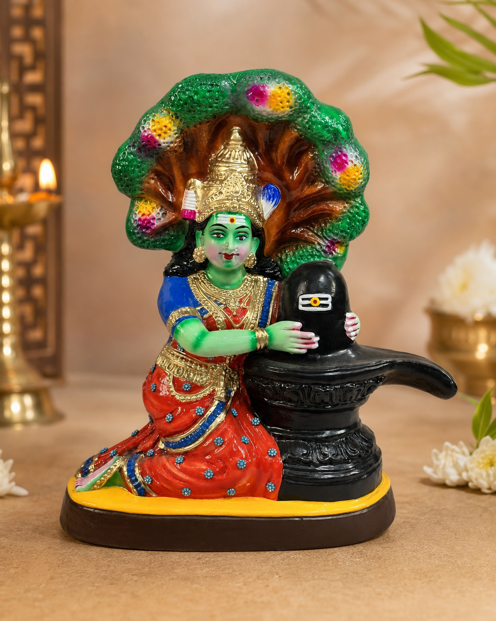Colorful Maavadi Amman figurine in traditional attire with a tree backdrop.