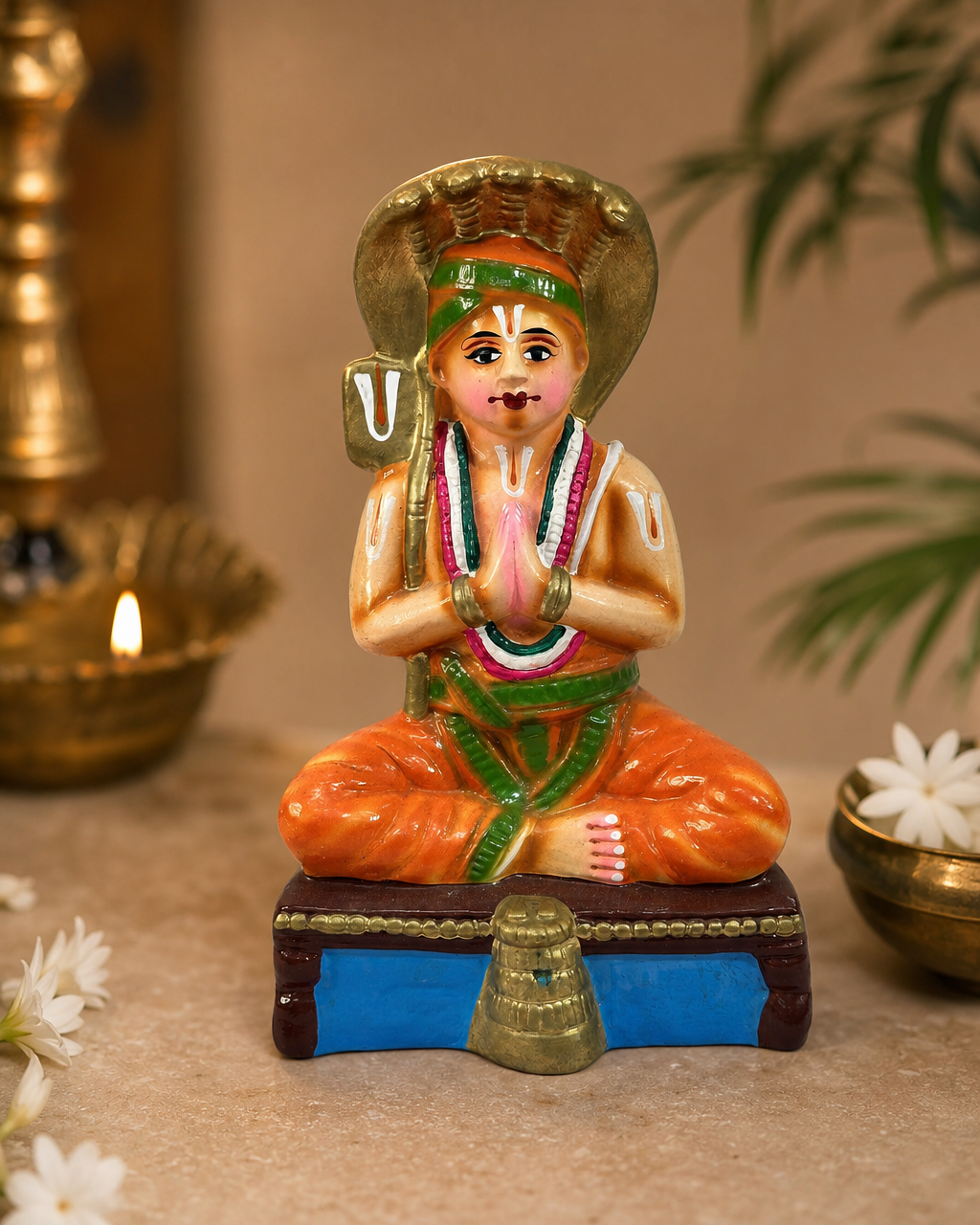 Sculpted Manavaal Maamuni figurine with intricate orange attire and gold headpiece seated on a decorative base, surrounded by flowers and candles.