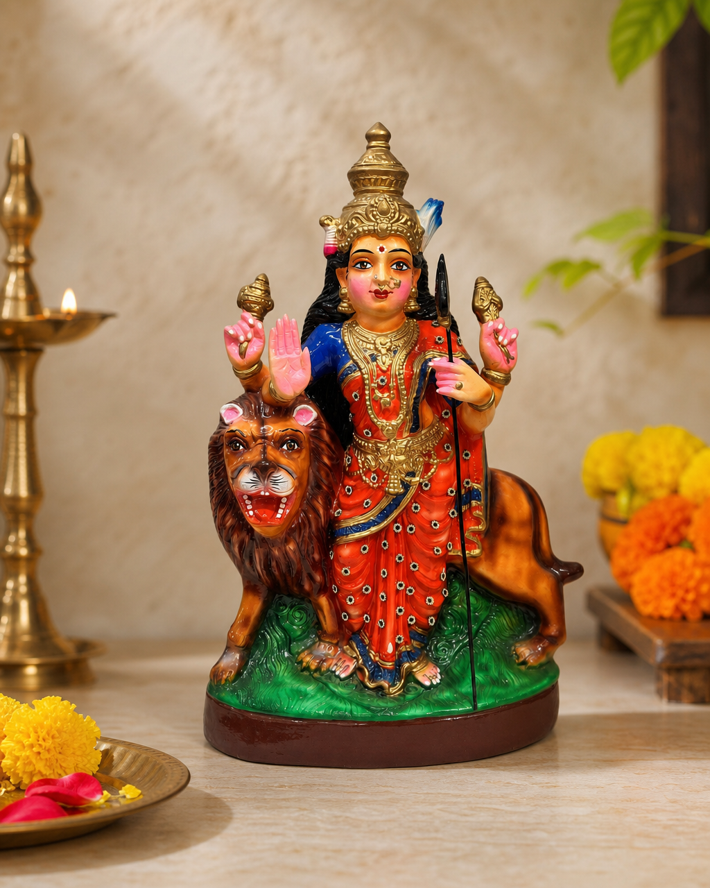 Beautifully crafted Nindra Durgasingam Amman statue depicting the goddess with intricate details in vibrant colors.