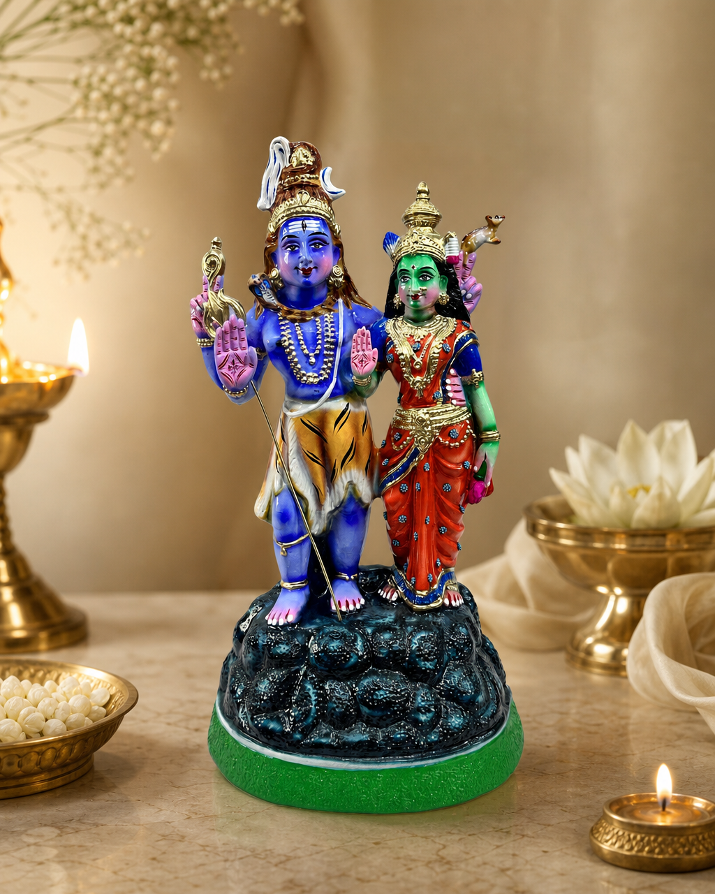 Colorful figurine of Nindra Sivan and Parvati, ideal for home decor