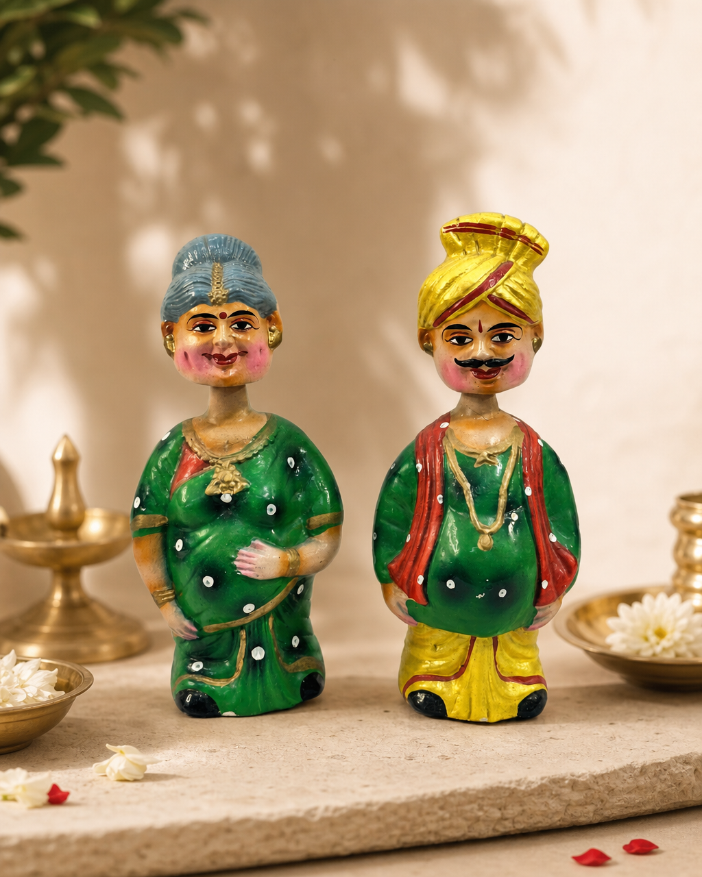 Two colorful Nindra Thaata Paati figurines in traditional attire displayed on a decorative surface.
