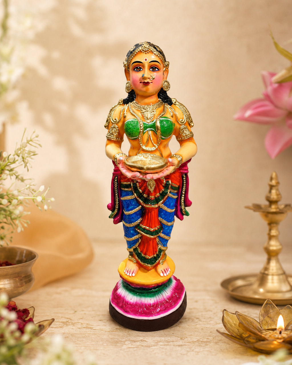 Colorful Paavai Vilakku statue with intricate details and vibrant clothing, holding a lamp against a decorated background.