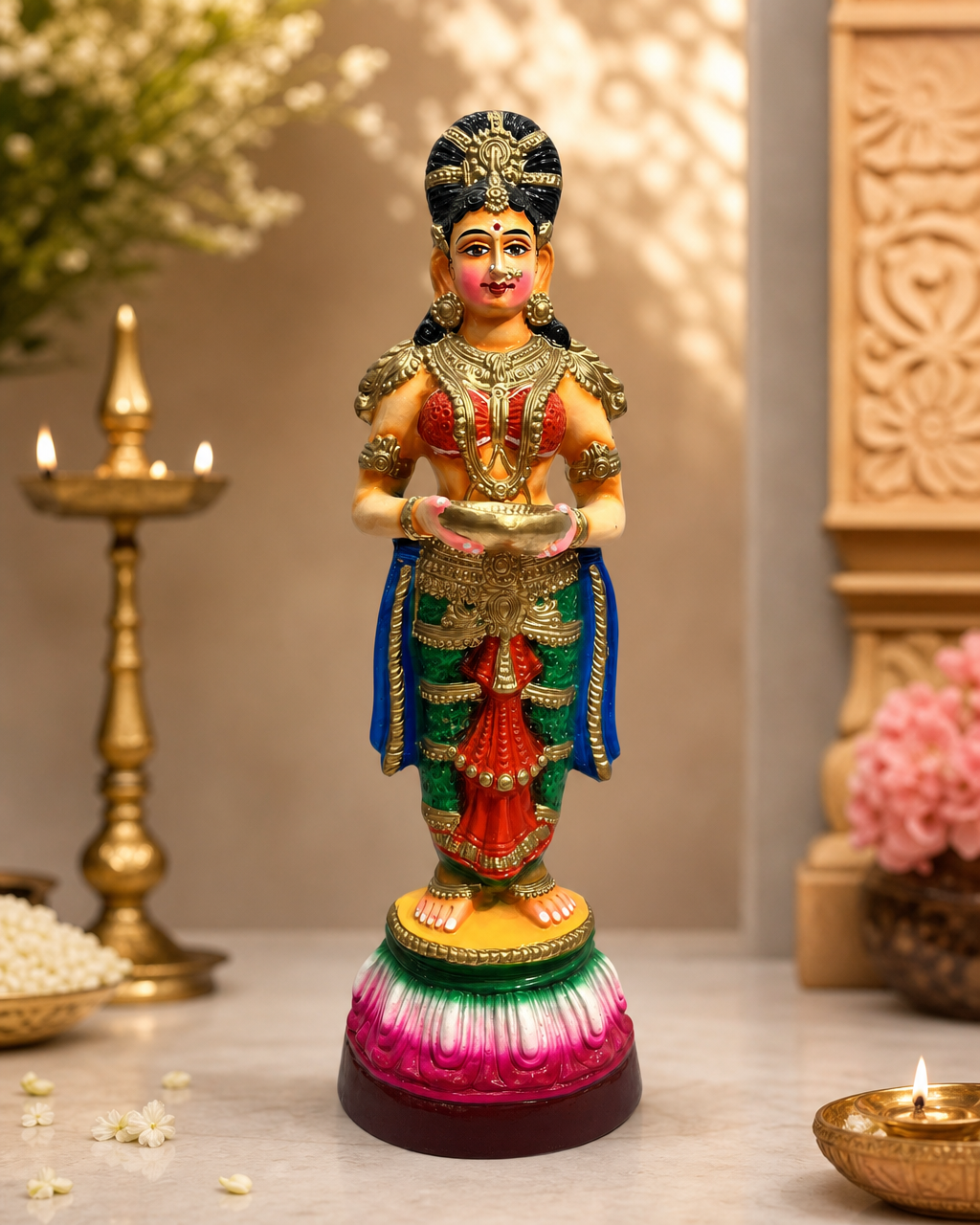 Colorful medium-sized Paavai Vilakku statue, intricately designed and ideal for home decor.