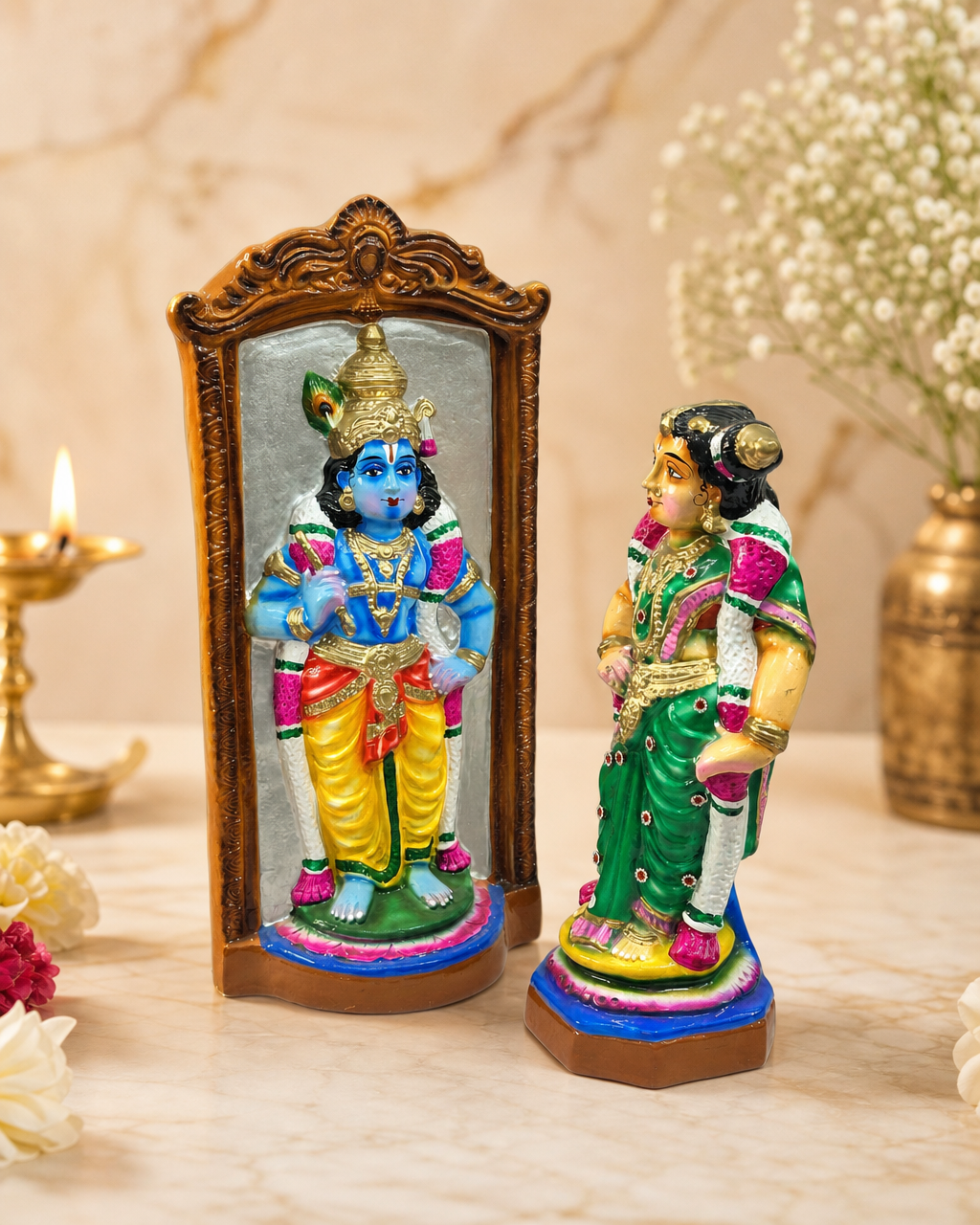 Colorful Raadhai Maalai Suduthal set with intricate design, featuring vibrant figurines on a marble background.