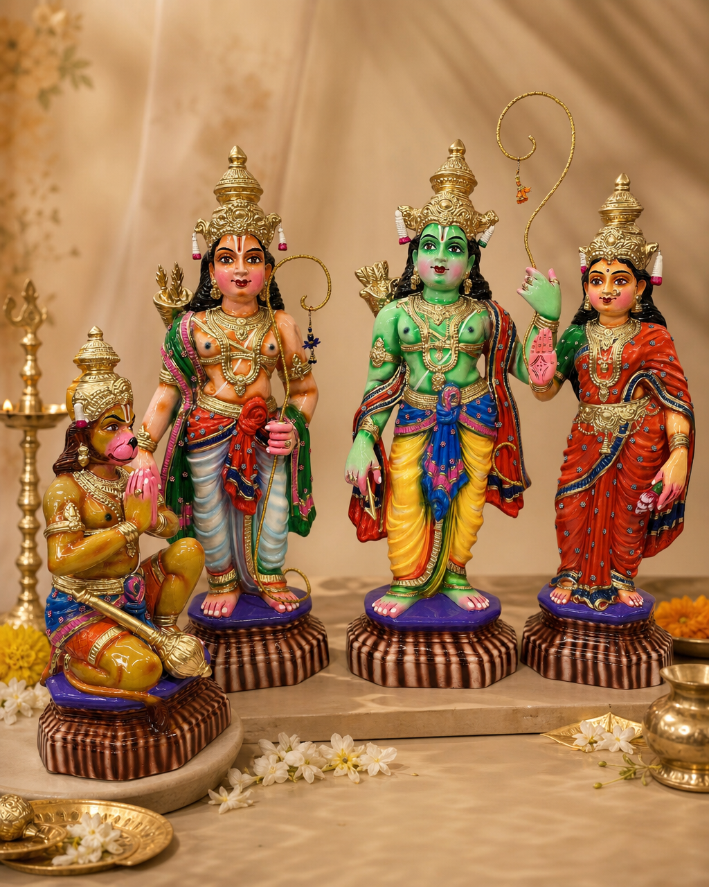 Colorful Rama family statue set with four intricately designed figures on a decorated base.