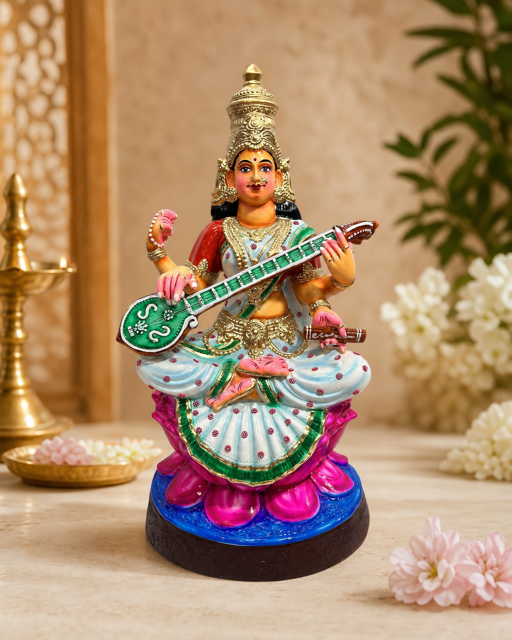Colorful Saraswathi idol with intricate design and vibrant details, displayed on a decorative surface.