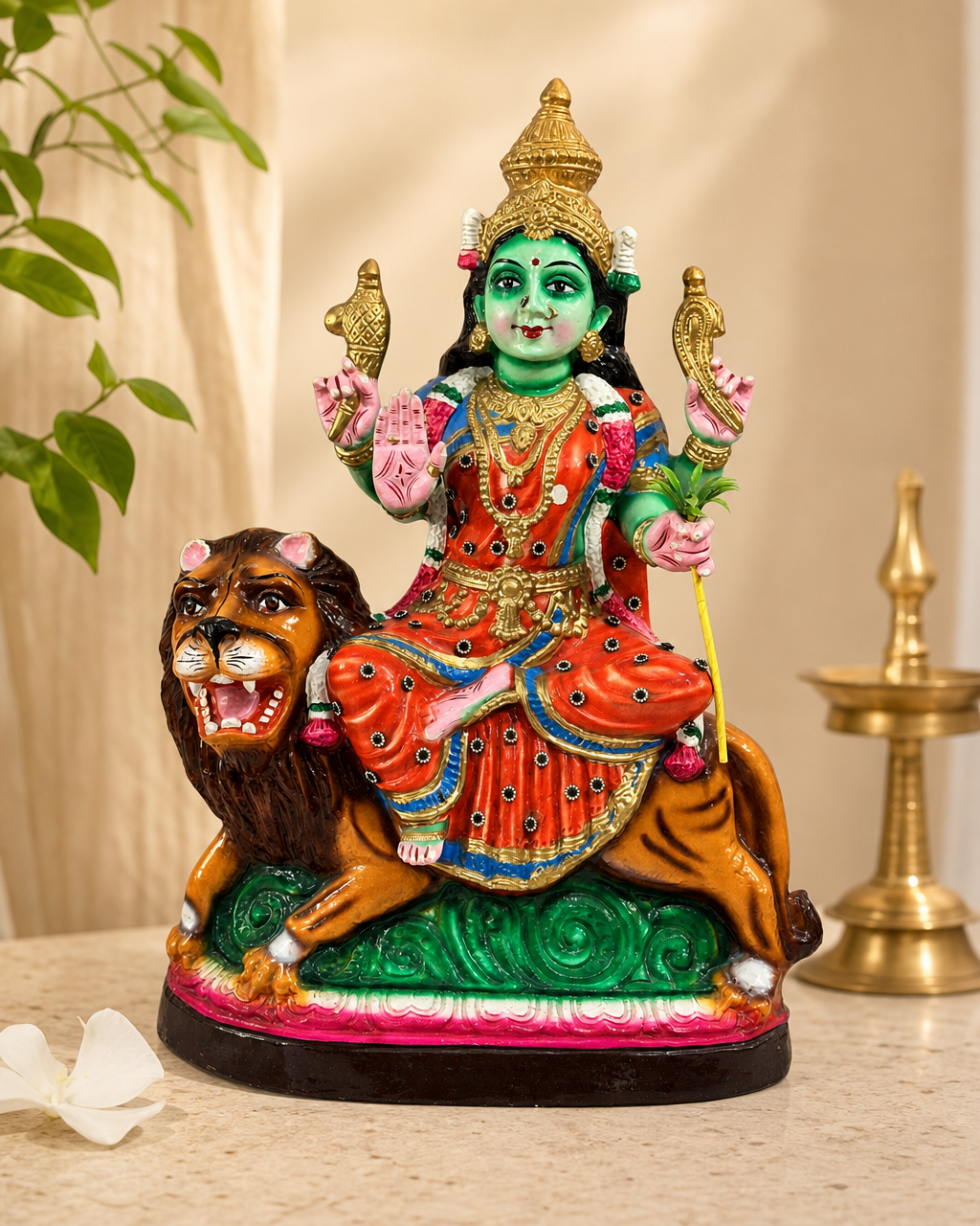 Colorful Singam Rajeswari statue with lion for home decor