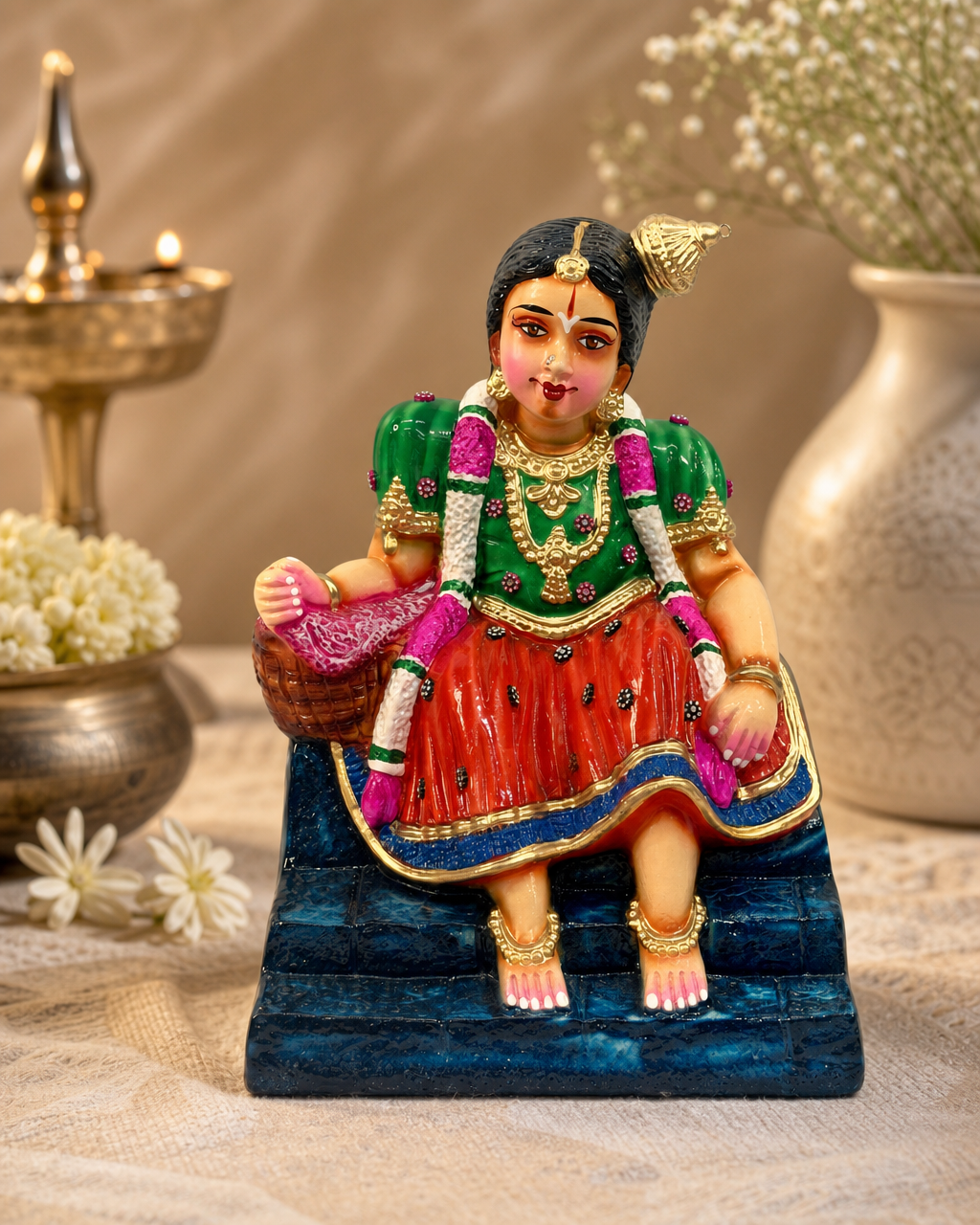 Beautifully crafted Urkantha Bala Andal statue with vibrant colors, set in an elegant decor showcasing intricate details and cultural richness.