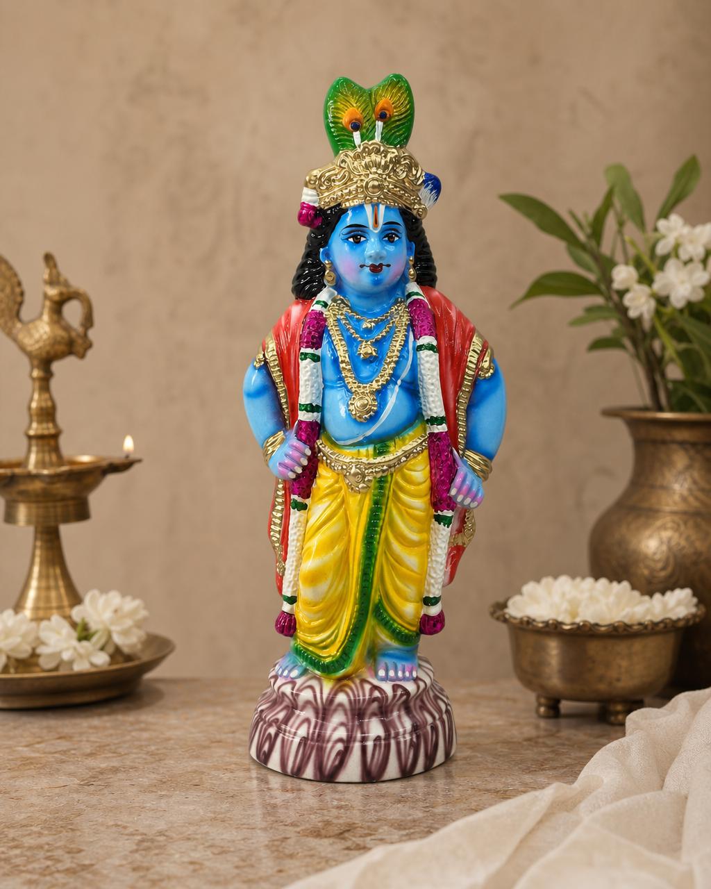 Colorful statue of Vitobha Karnan with blue skin, gold decorations, and a peacock headdress, placed indoors with traditional decor.