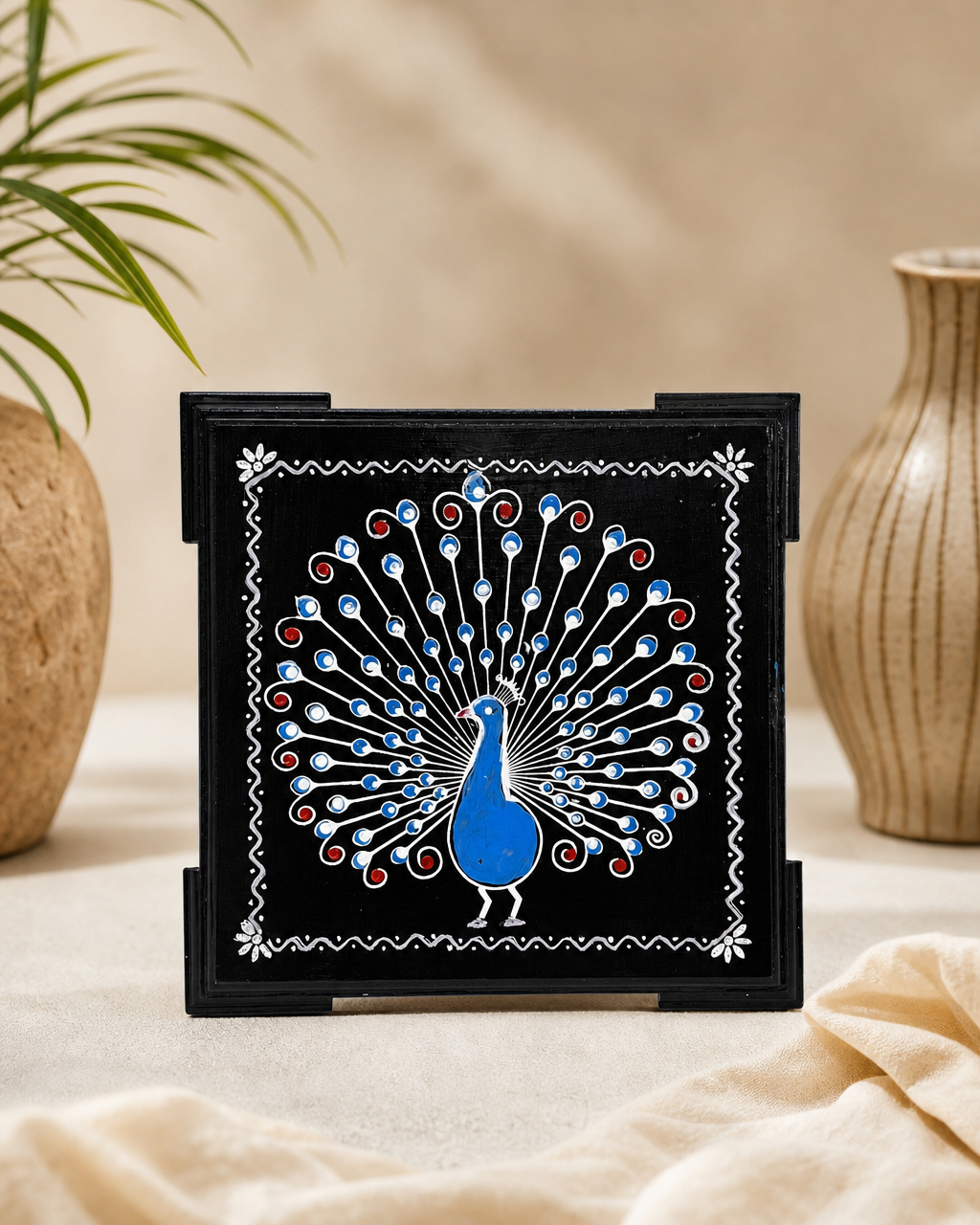 Ornate decorative panel featuring a painted peacock with detailed feathers.