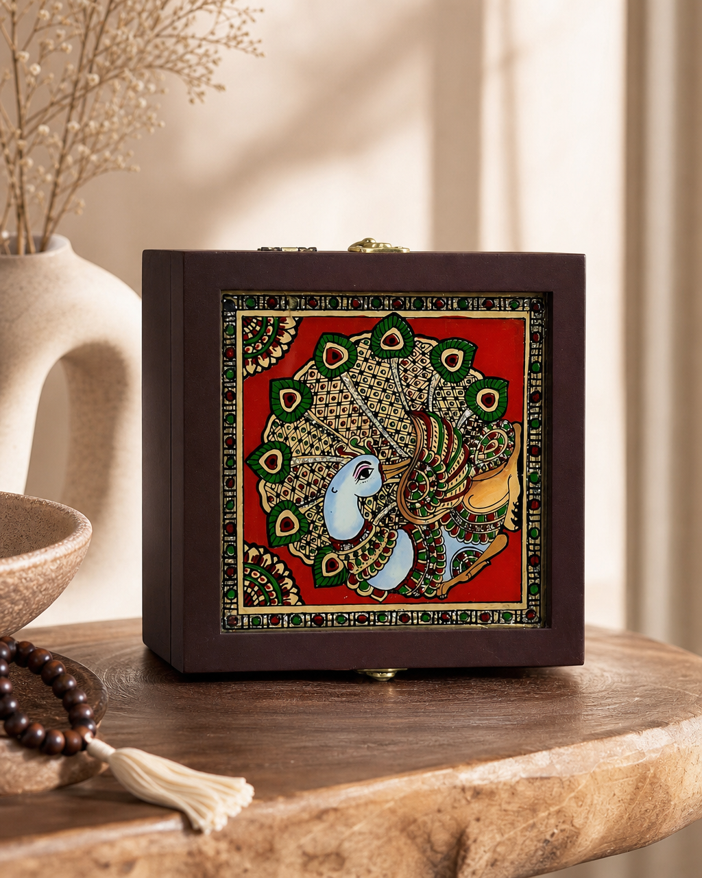 Decorative box with colorful peacock artwork on a wooden table with a vase in the background.