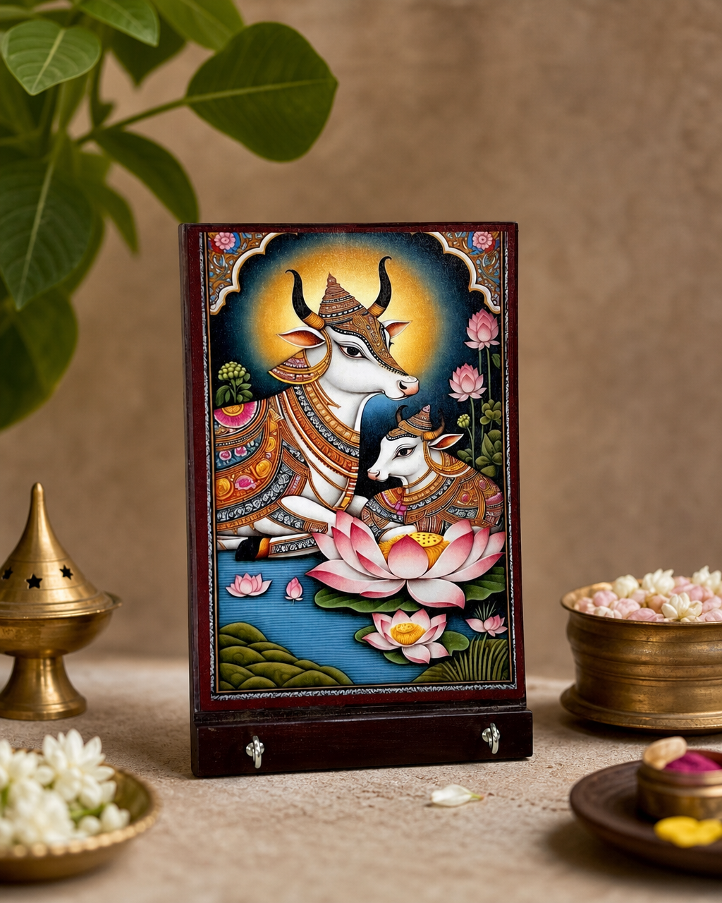 Decorative art panel featuring a colorful depiction of a cow and calf set against a lotus backdrop, surrounded by traditional artwork.