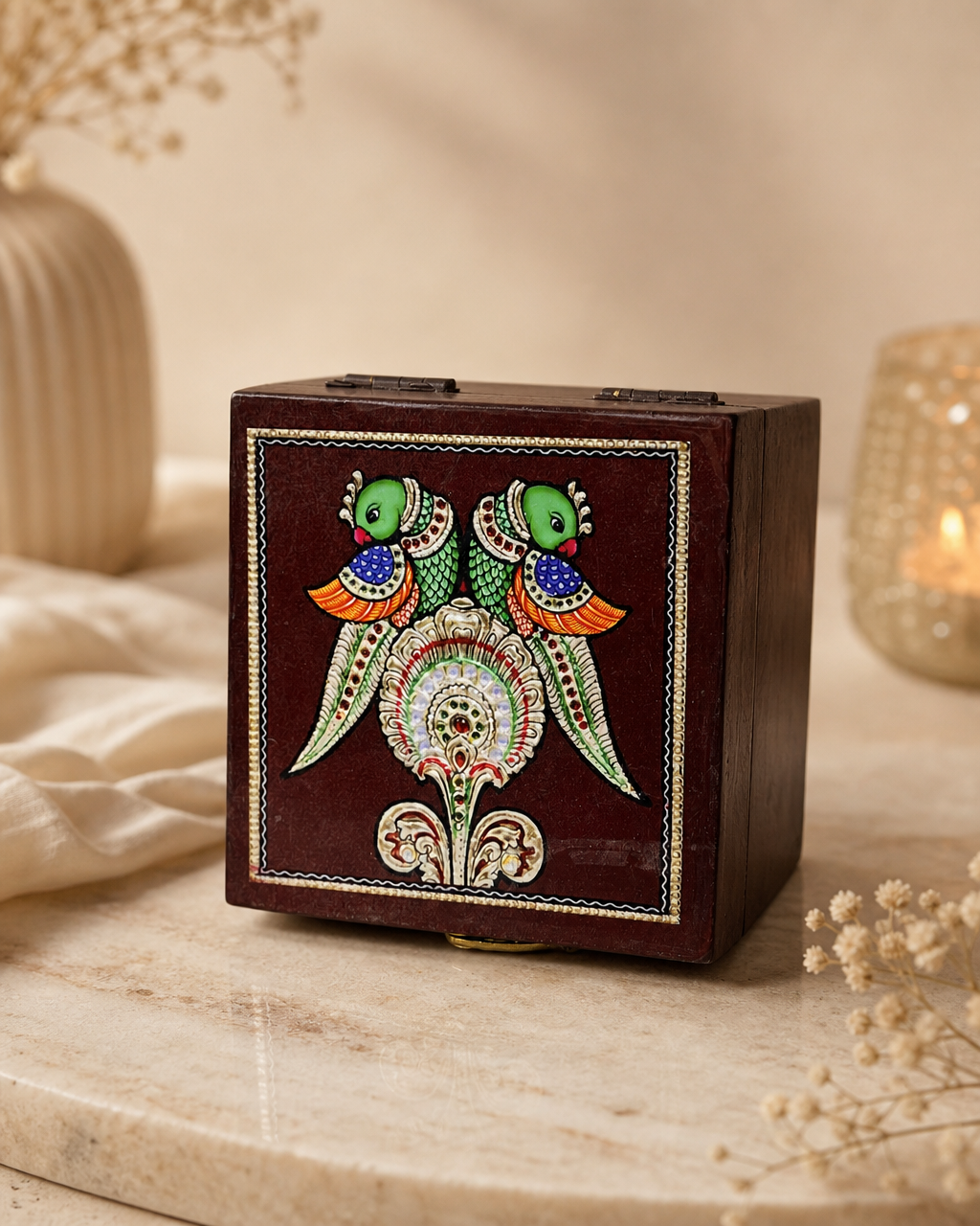 A beautifully crafted decorative box featuring an intricate parrot design.