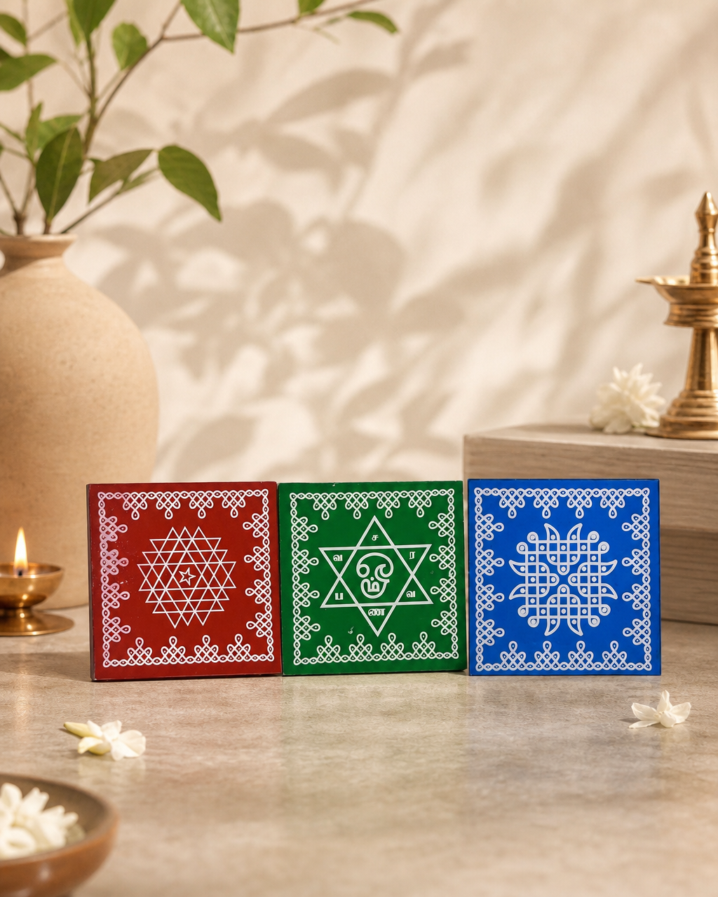Decorative Kolam set with intricate designs in red, green, and blue tiles, displayed with a traditional decor background.