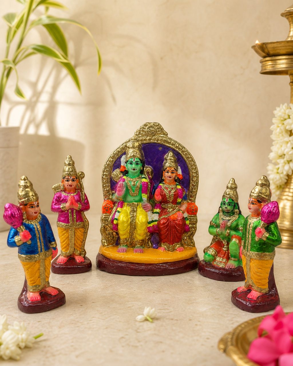 Colorful Rama Pattabhishek statue set with finely detailed figures, ideal for decoration and spiritual decor.