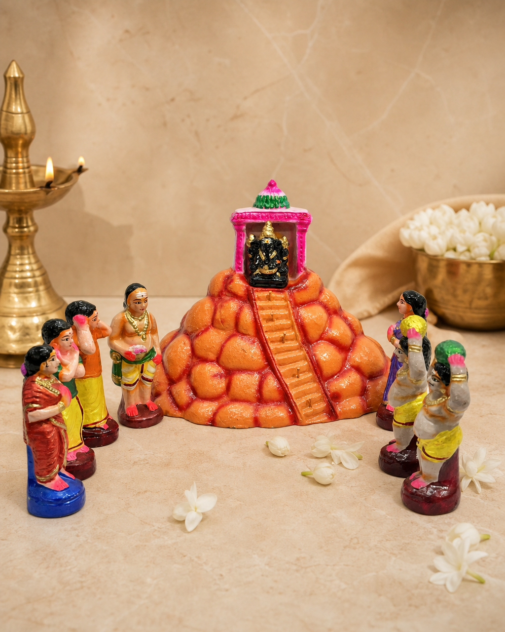 Uchi Pillayar Figurine Set with Colorful Figures, Temple, and Stairs