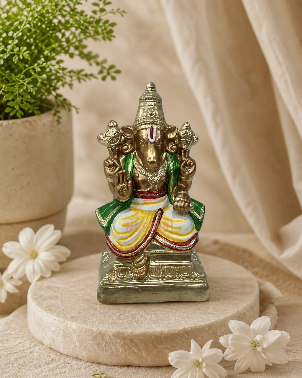 Elegant Hyagreevar figurine with intricate details and vibrant colors, set against a soft background with flowers.
