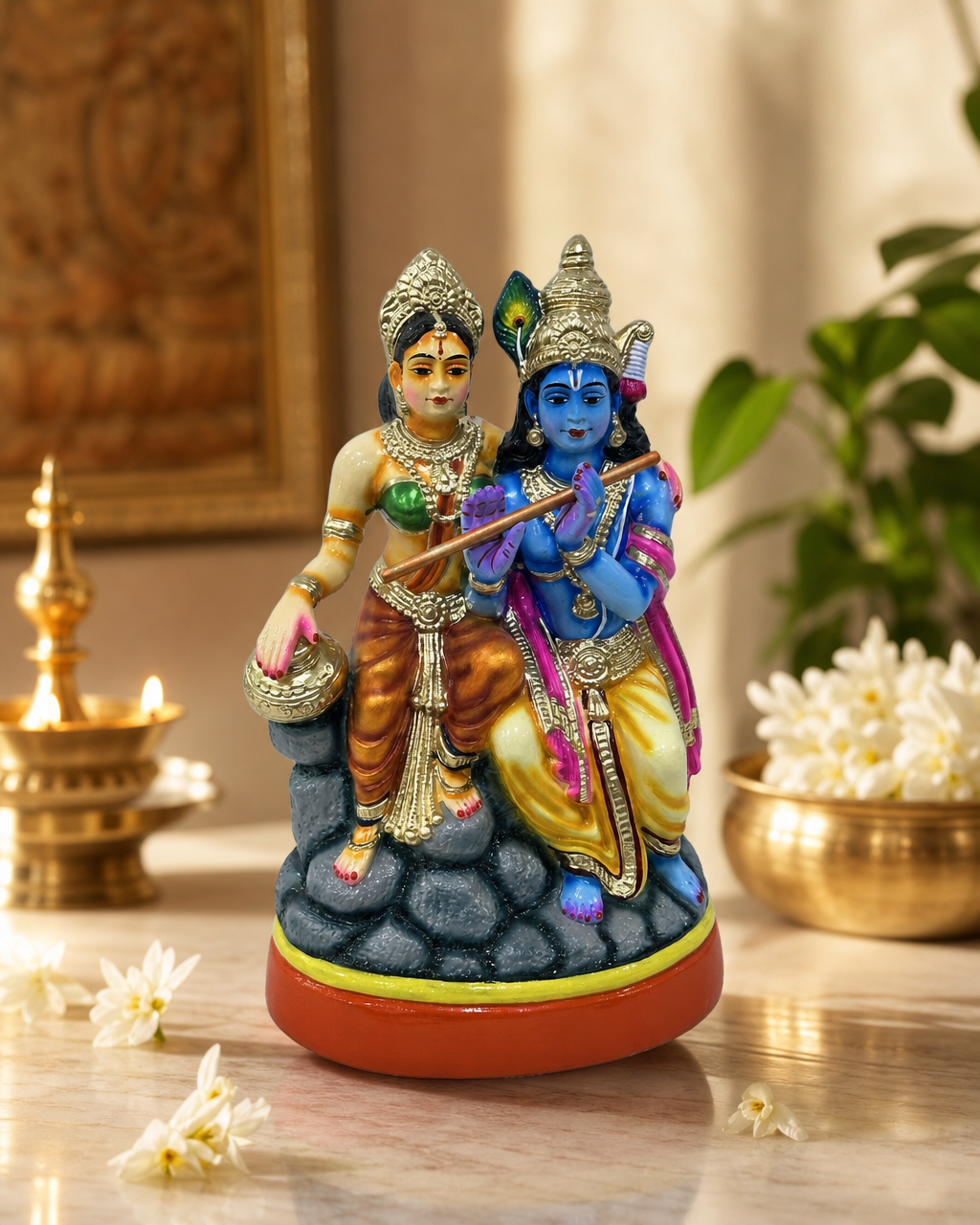 Colorful Radhekrishnan figurine depicting a vibrant and detailed sculpture for home decor with intricate design elements.